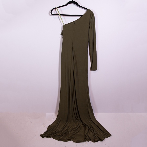 Ieena Mac Duggal Jersey knit Stretch One Shoulder Ruched Cocktail Dress Olive 6 - Picture 5 of 5